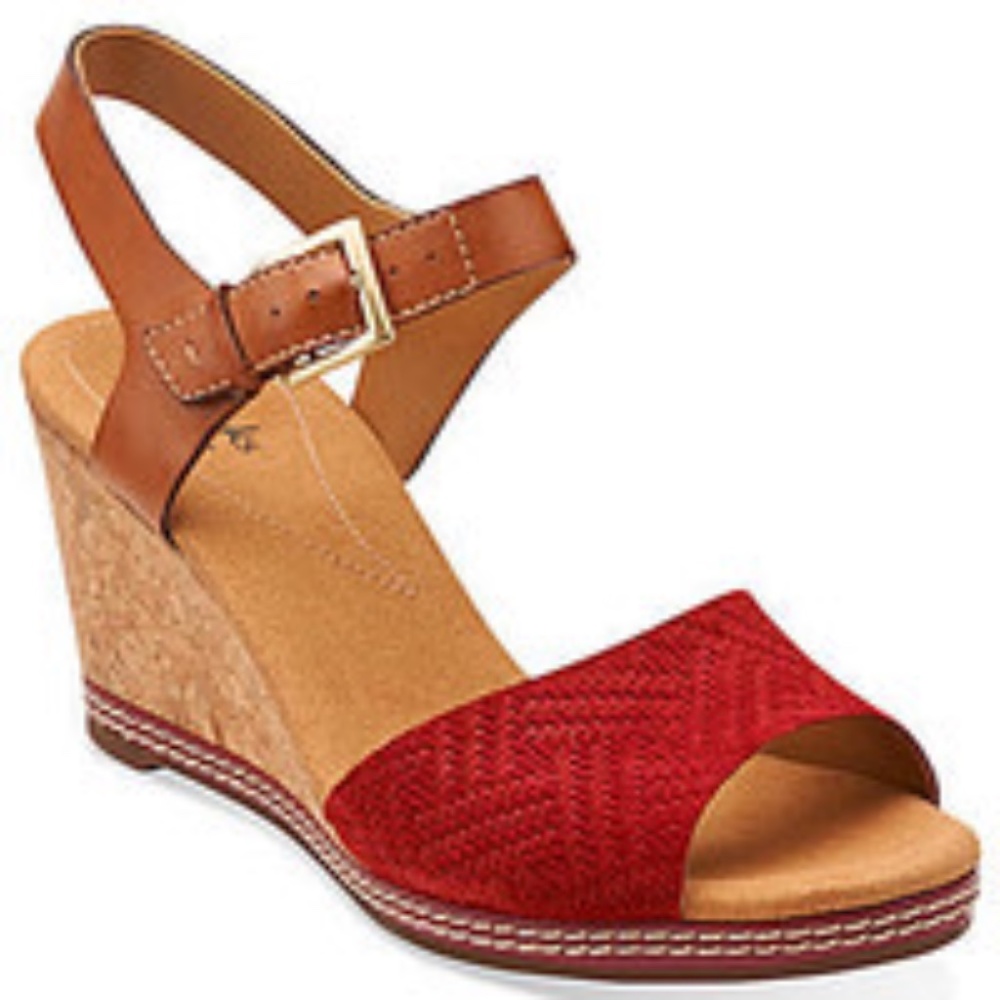 NIB! Clarks Helio Jet, Red Suede, Strap Wedges, Size 9M,  3 Inch Heel
